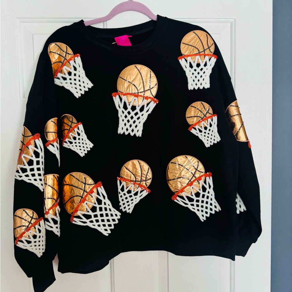 QUEEN OF SPARKLES Black Sweatshirt with Gold Basketball Design